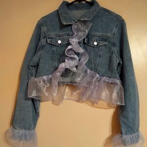 Denim Jacket with Sheer Ruffle Accents
